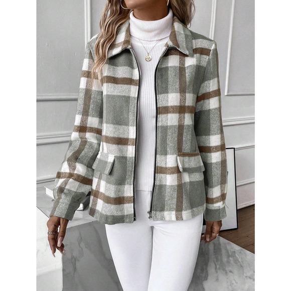 gray tan Plaid Print Zip Up stand collar preppy - Picture 3 of 5